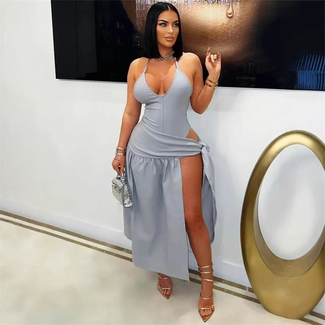 Halter Sleeveless V-Neck Tie Up Dress