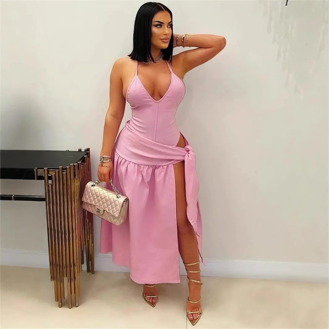 Halter Sleeveless V-Neck Tie Up Dress