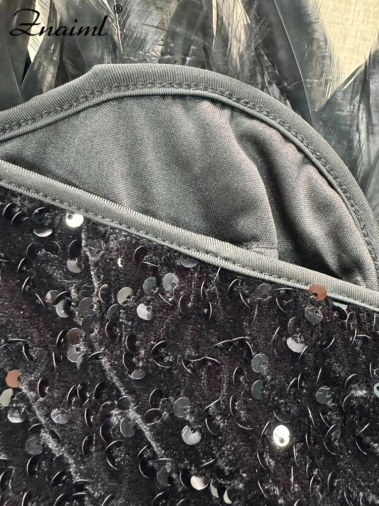 Feathers Sequin Strapless Deep V-neck Black Mini Dresses