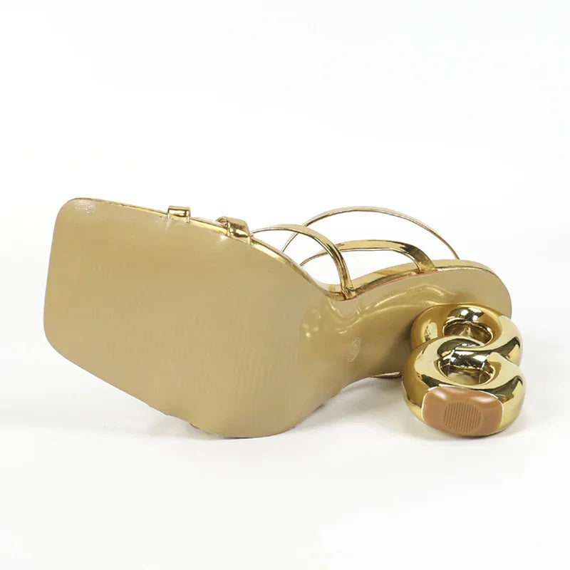 Golden Narrow Band Square Sandals