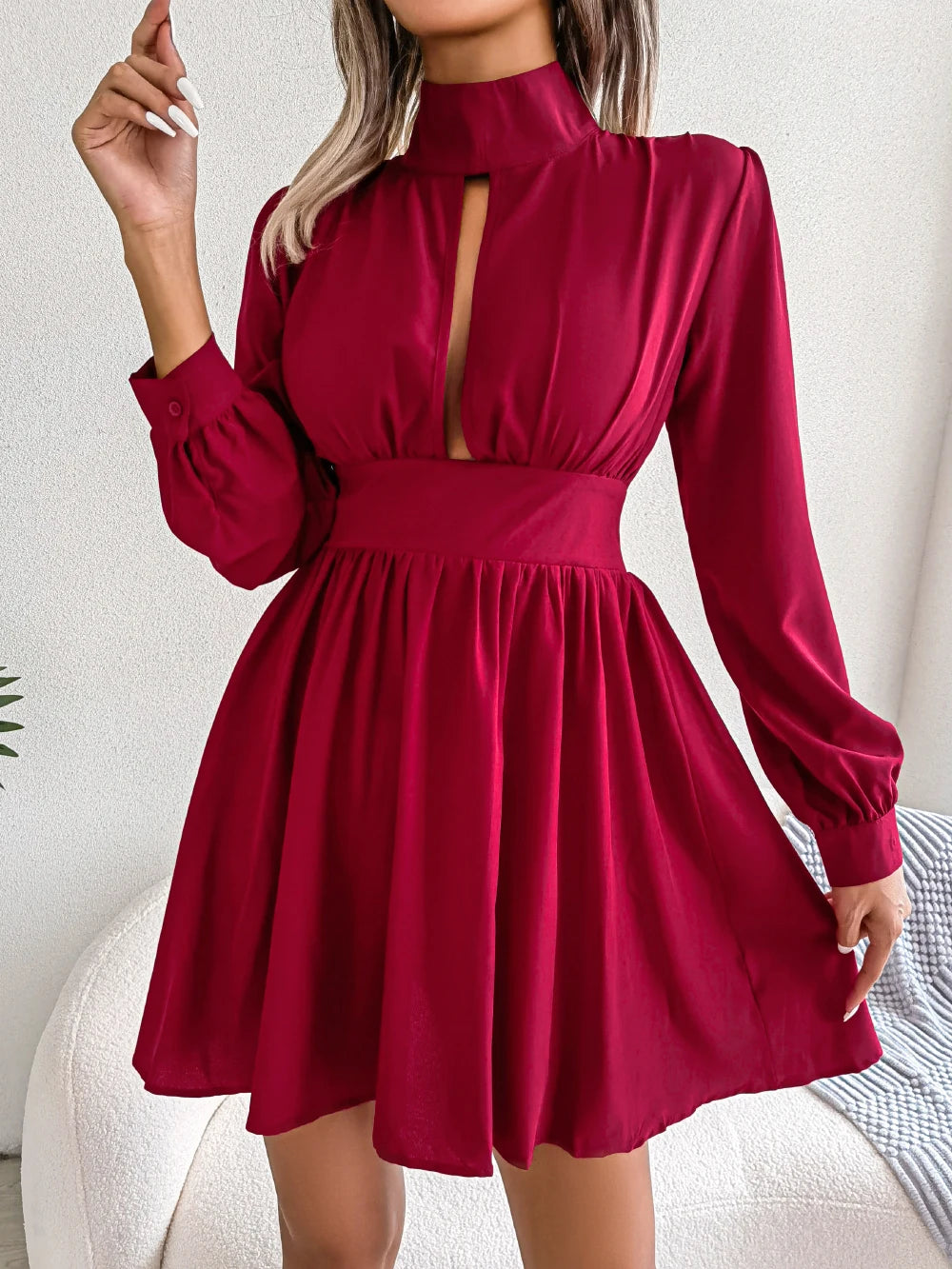 Women Autumn Casual Hollow Out Long Sleeve A Line Dress