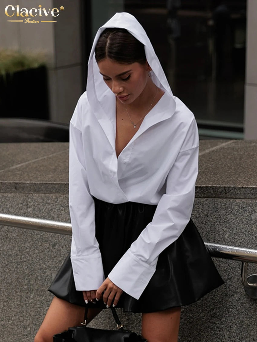 Long Sleeve White Cotton Women's Shirt Hooded