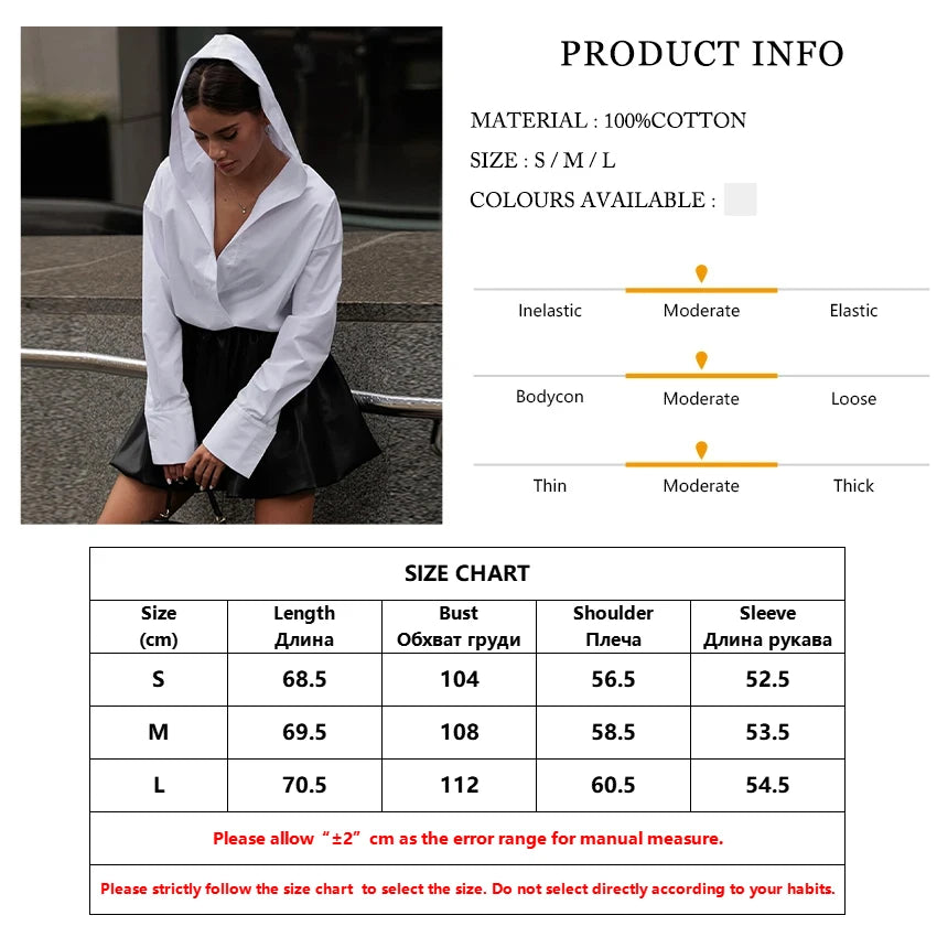 Long Sleeve White Cotton Women's Shirt Hooded