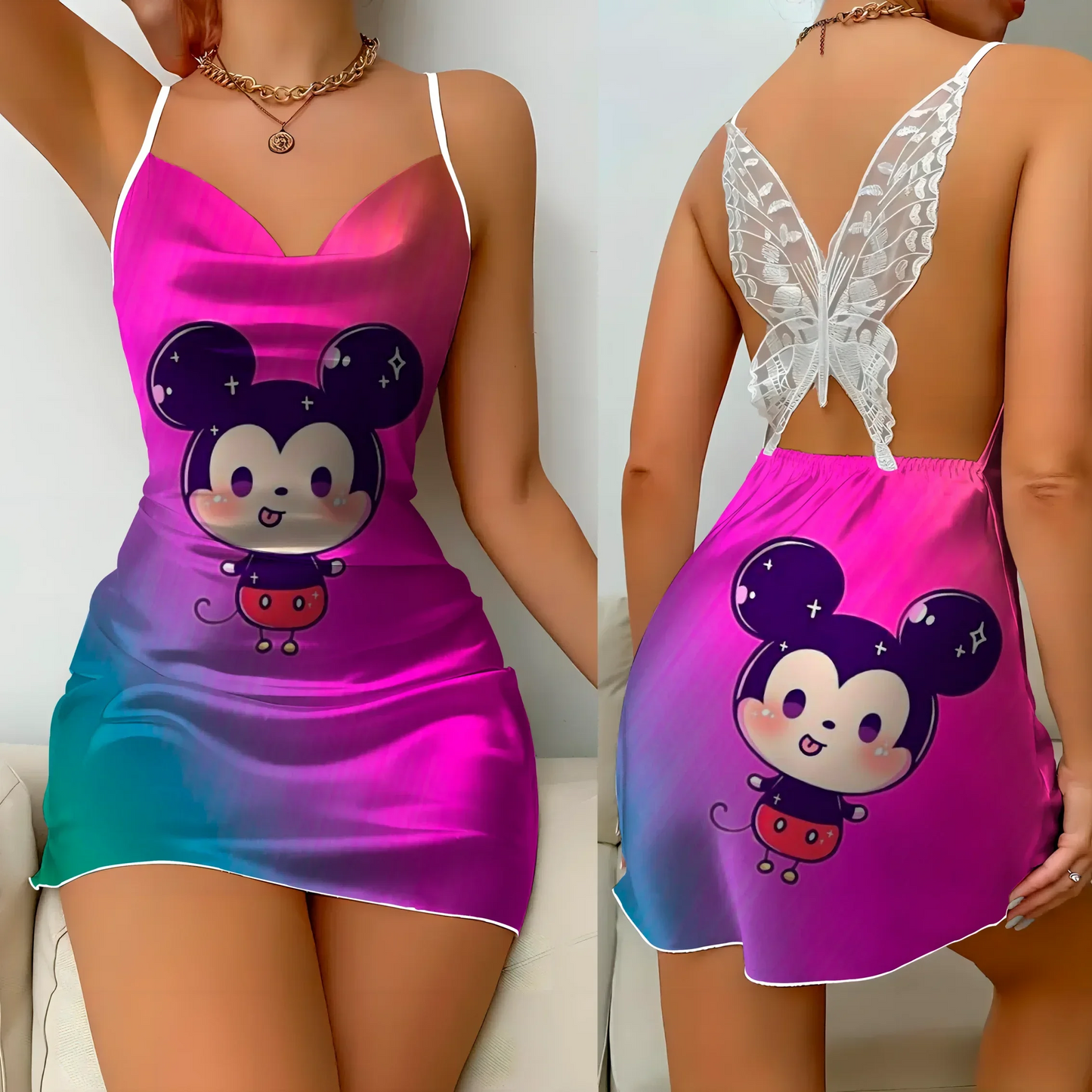 Fashion Mini Dress Pajama Skirt Bow Knot Satin Surface 2025 Mickeys Minnies Womens Party Dresses Summer Sexy Girls Clothes