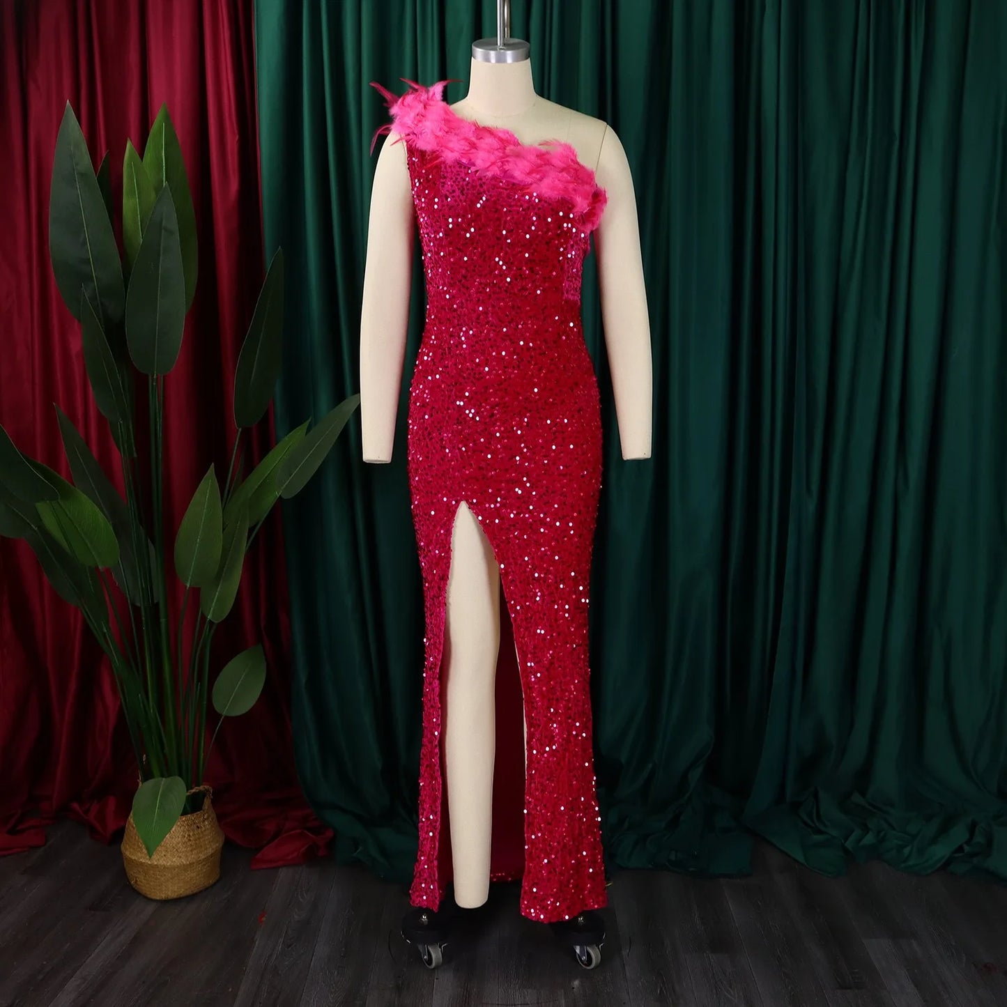 Sequined Feather Side Split Dress