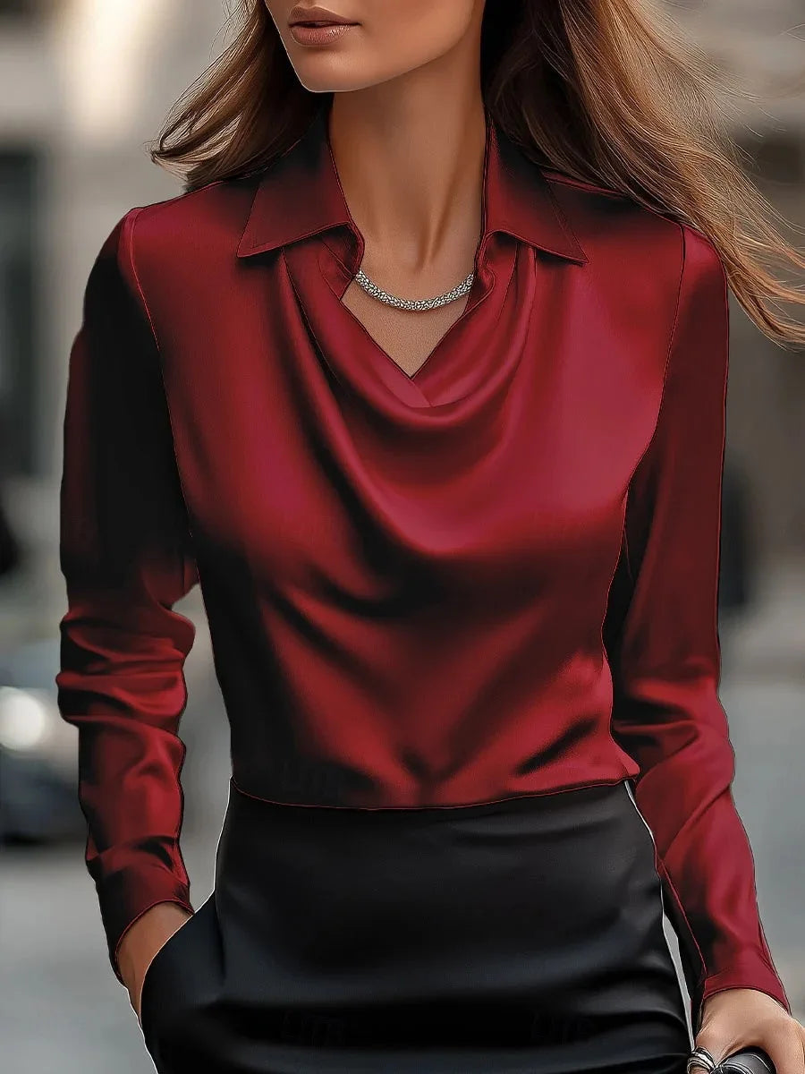 Elegant Women's Satin Shirt V Neck Blouse