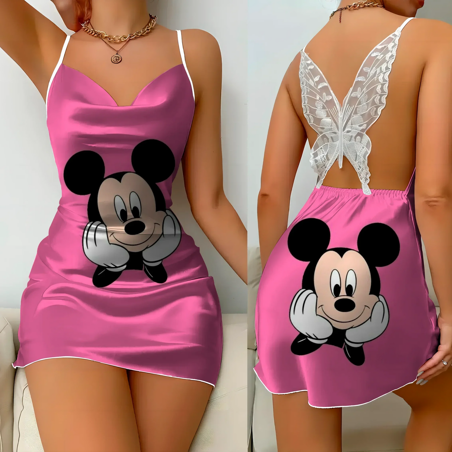 Fashion Mini Dress Pajama Skirt Bow Knot Satin Surface 2025 Mickeys Minnies Womens Party Dresses Summer Sexy Girls Clothes