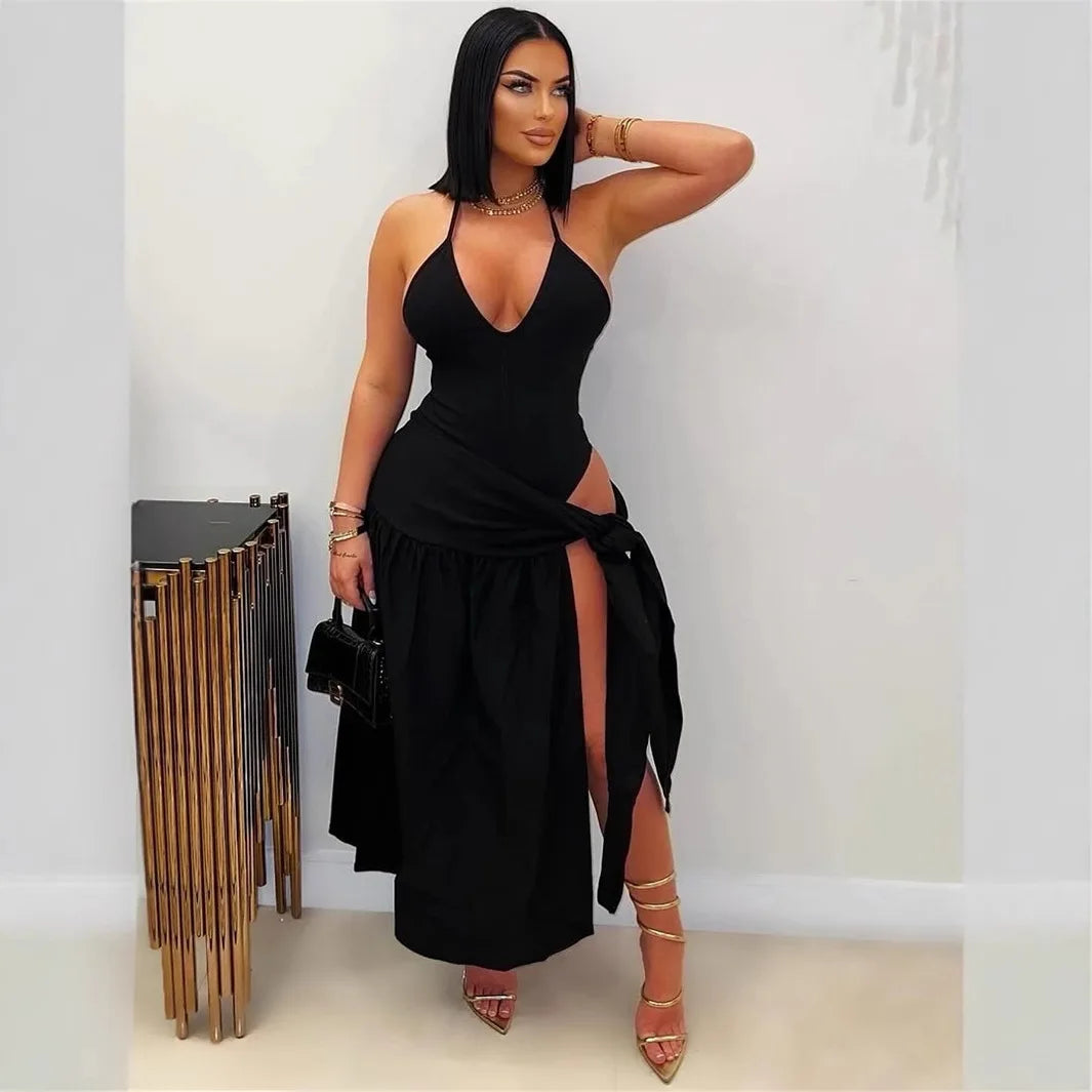 Halter Sleeveless V-Neck Tie Up Dress