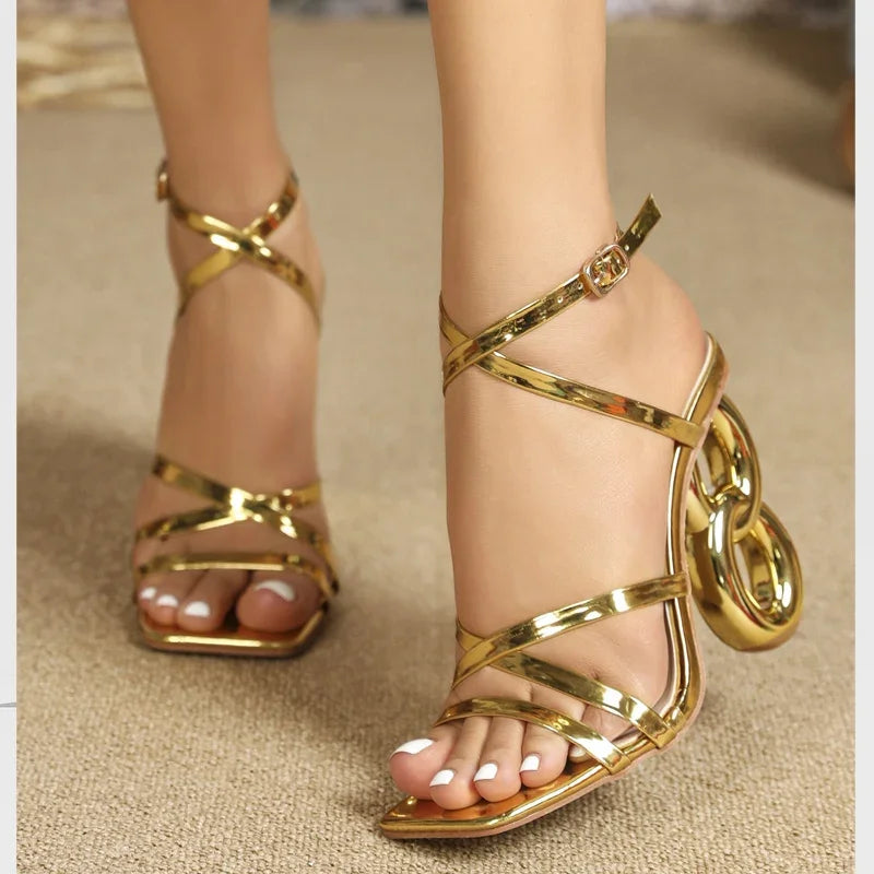 Golden Narrow Band Square Sandals