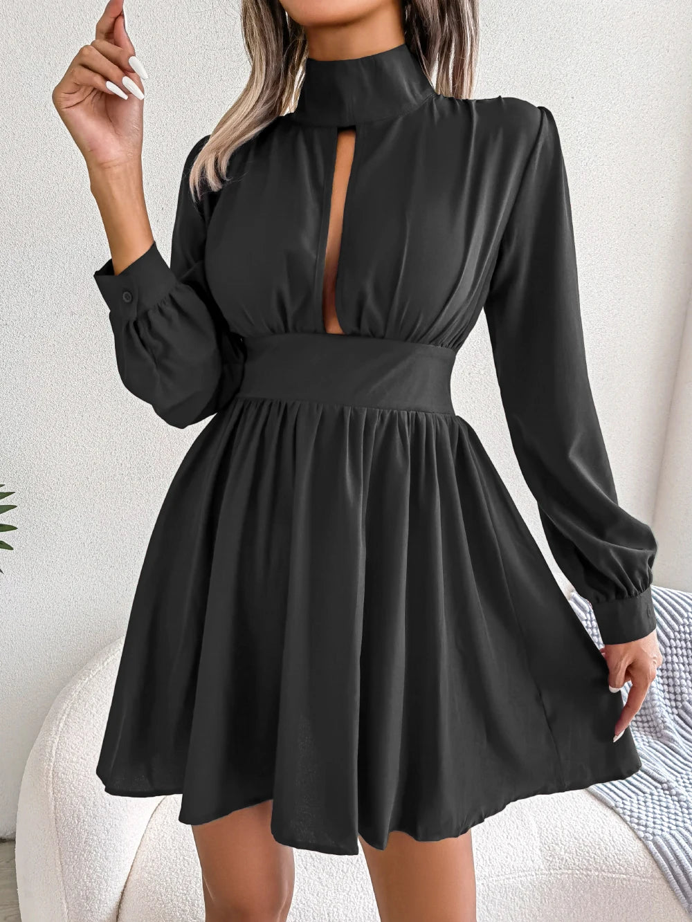 Women Autumn Casual Hollow Out Long Sleeve A Line Dress