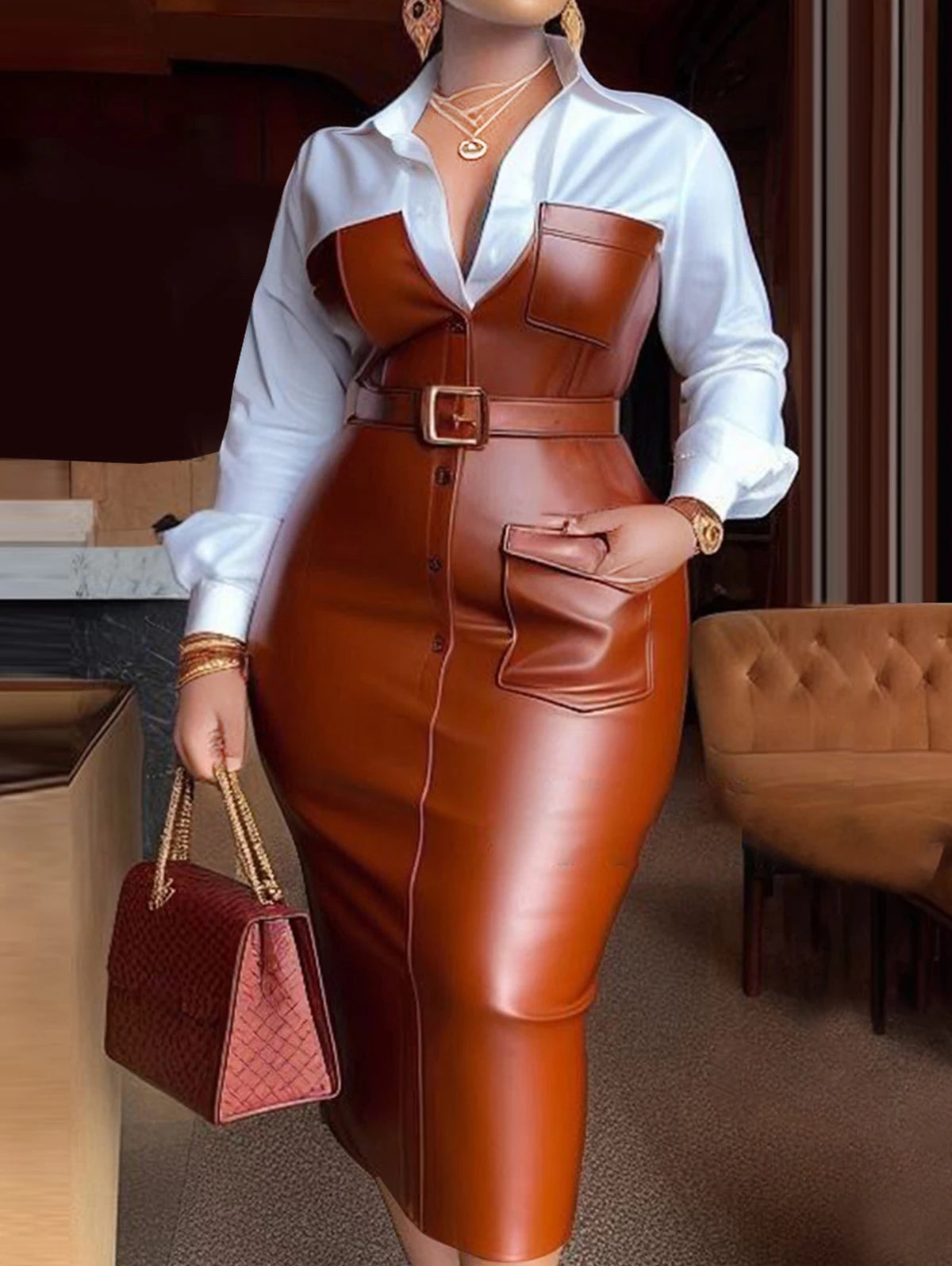 Women's Shirt Collar PU Leather Patchwork Midi Dress
