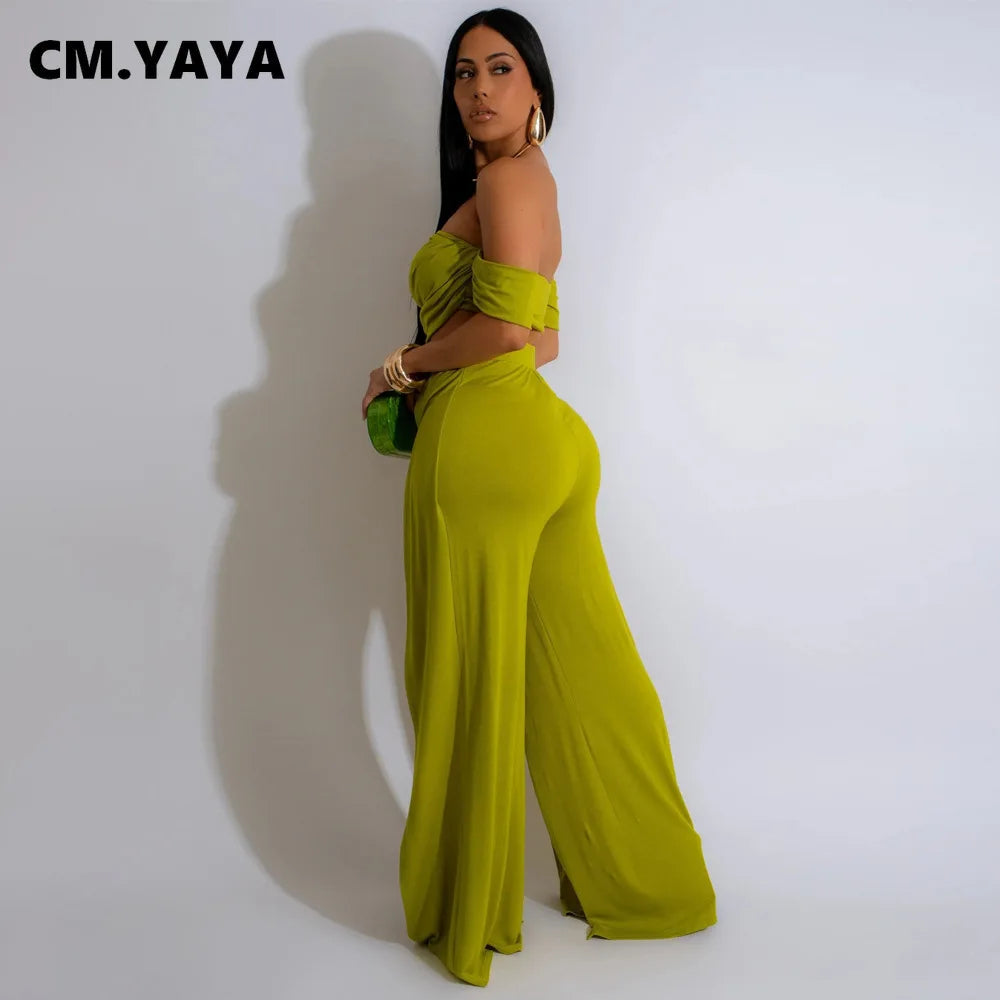 Women's Set Short Sleeve Slash Neck with Wide Leg split Pants