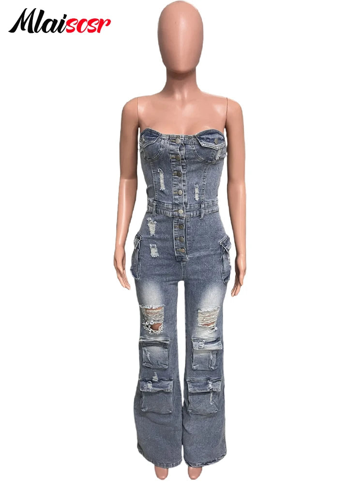 Ripped Stretch Denim Cargo Blue Wide Legs Jumpsuits