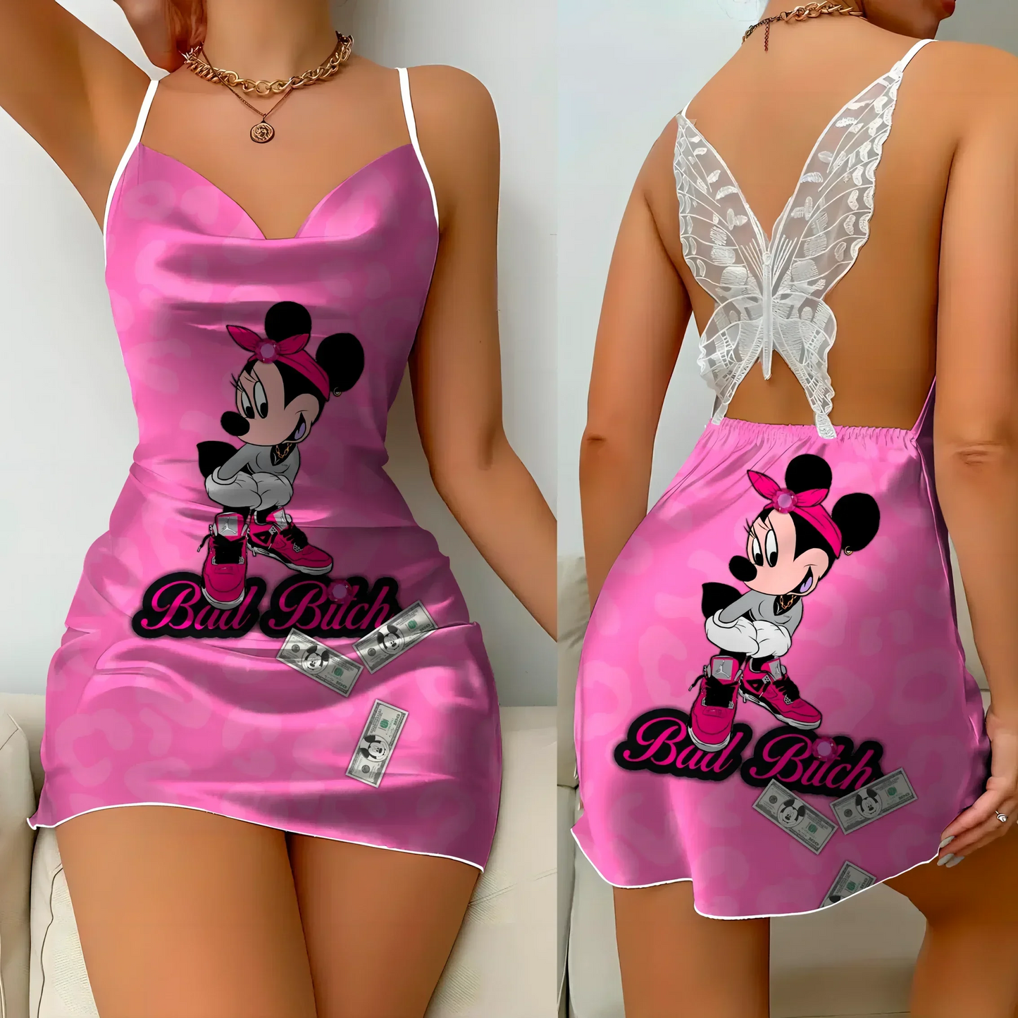 Fashion Mini Dress Pajama Skirt Bow Knot Satin Surface 2025 Mickeys Minnies Womens Party Dresses Summer Sexy Girls Clothes