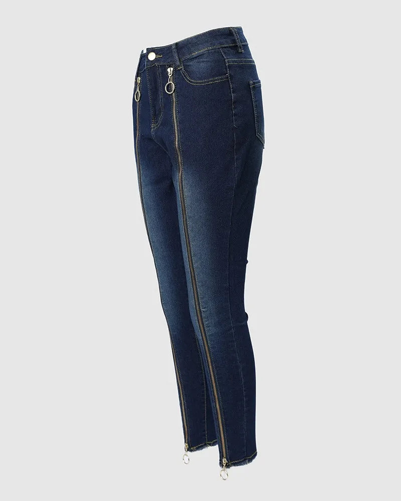 Women High Waist Jean O-Ring Zipper