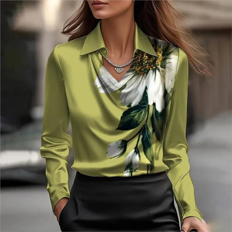 Elegant Women's Satin Shirt V Neck Blouse