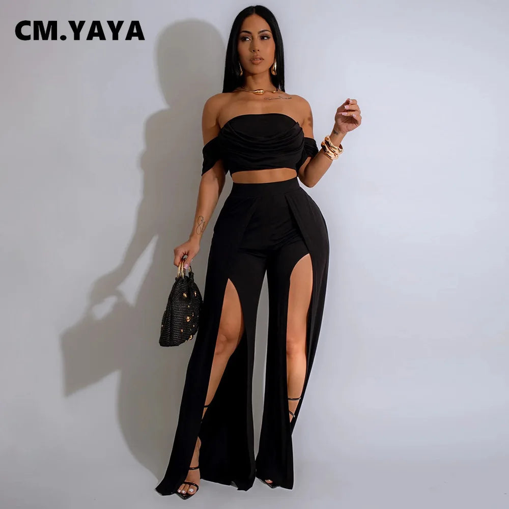 Women's Set Short Sleeve Slash Neck with Wide Leg split Pants