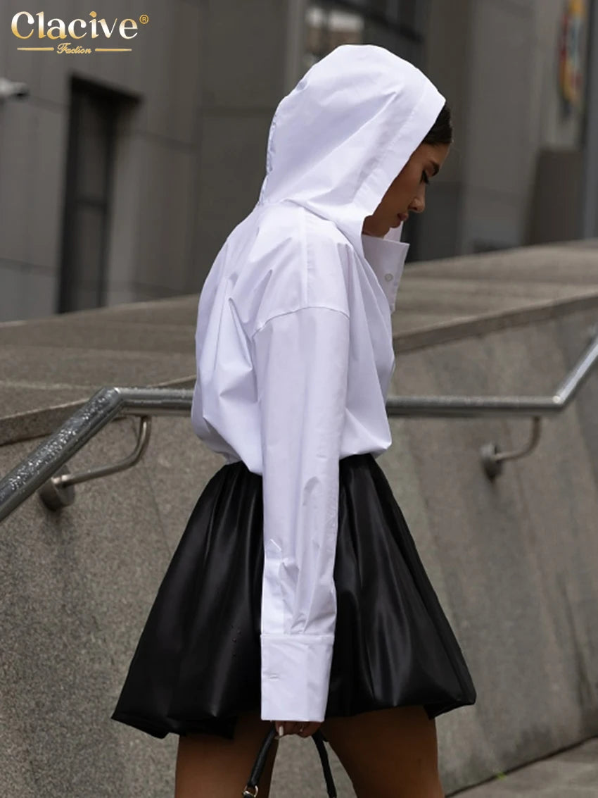 Long Sleeve White Cotton Women's Shirt Hooded