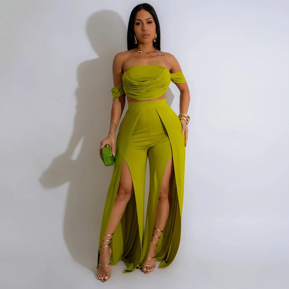 Women's Set Short Sleeve Slash Neck with Wide Leg split Pants
