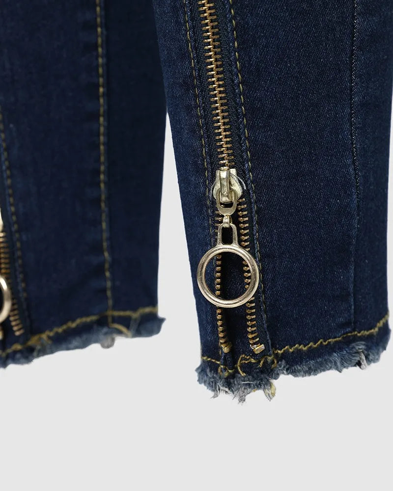Women High Waist Jean O-Ring Zipper