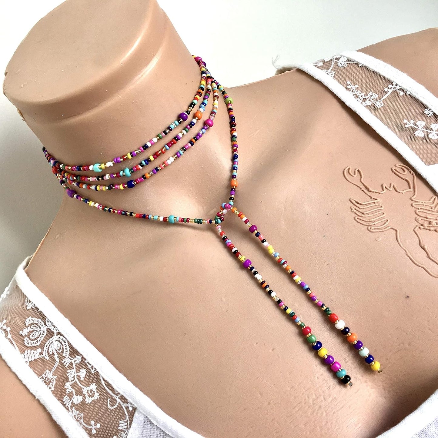 Colorful Bead Necklace, Long Tie Choker, Wrap Necklace
