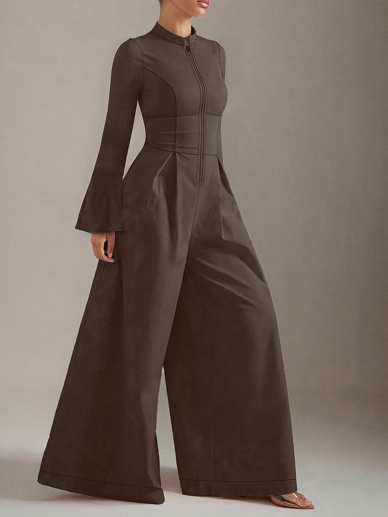 Women's Elegant Slim-Fit Jumpsuit - V-Neck Long Sleeve Wide-Leg Pantsuit