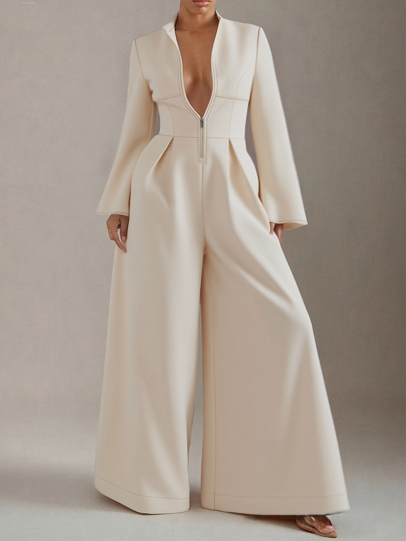 Women's Elegant Slim-Fit Jumpsuit - V-Neck Long Sleeve Wide-Leg Pantsuit
