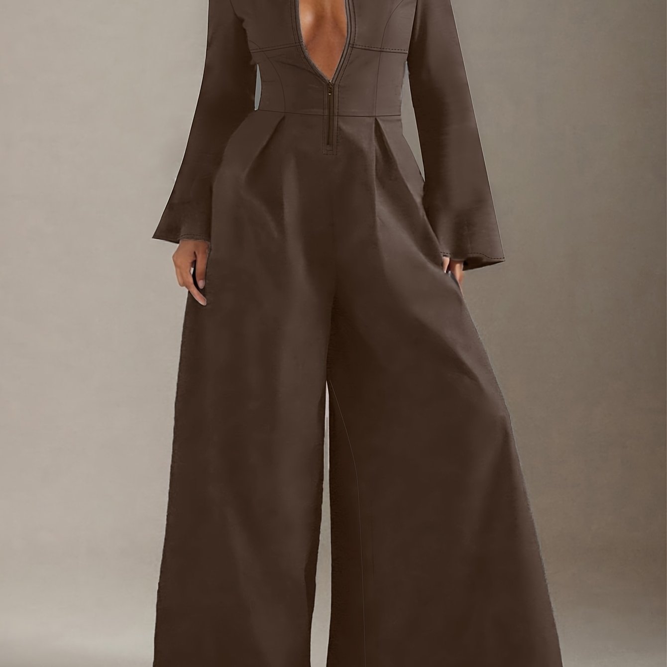 Women's Elegant Slim-Fit Jumpsuit - V-Neck Long Sleeve Wide-Leg Pantsuit