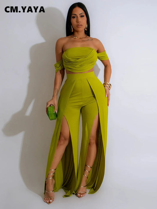 Women's Set Short Sleeve Slash Neck with Wide Leg split Pants