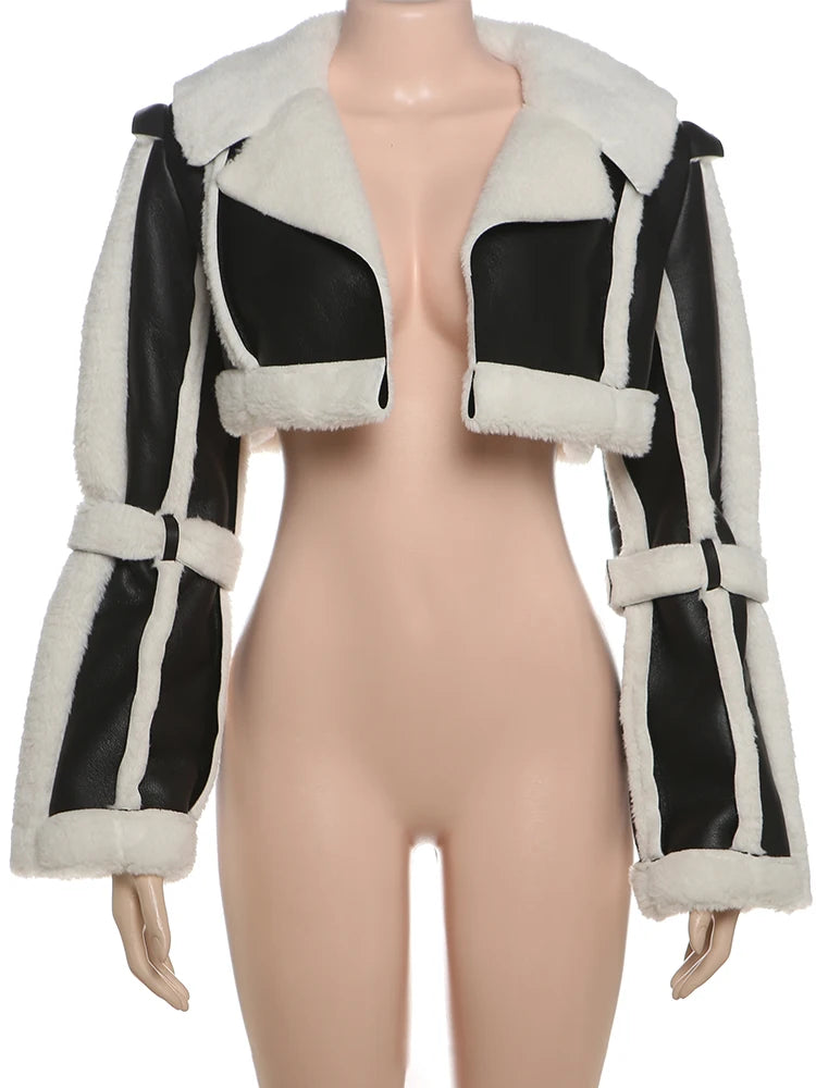 Furry Patchwork Women Crop Jacket