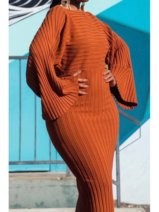 Women's Batwing Sleeve Knitted Rib Long Dress Plus Size