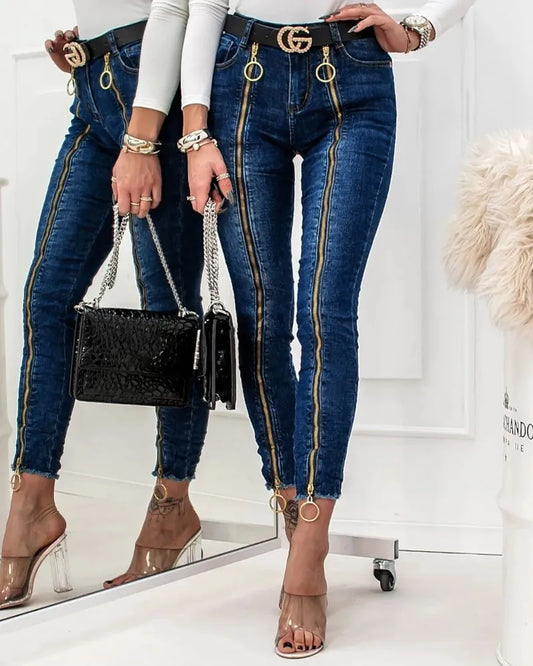 Women High Waist Jean O-Ring Zipper