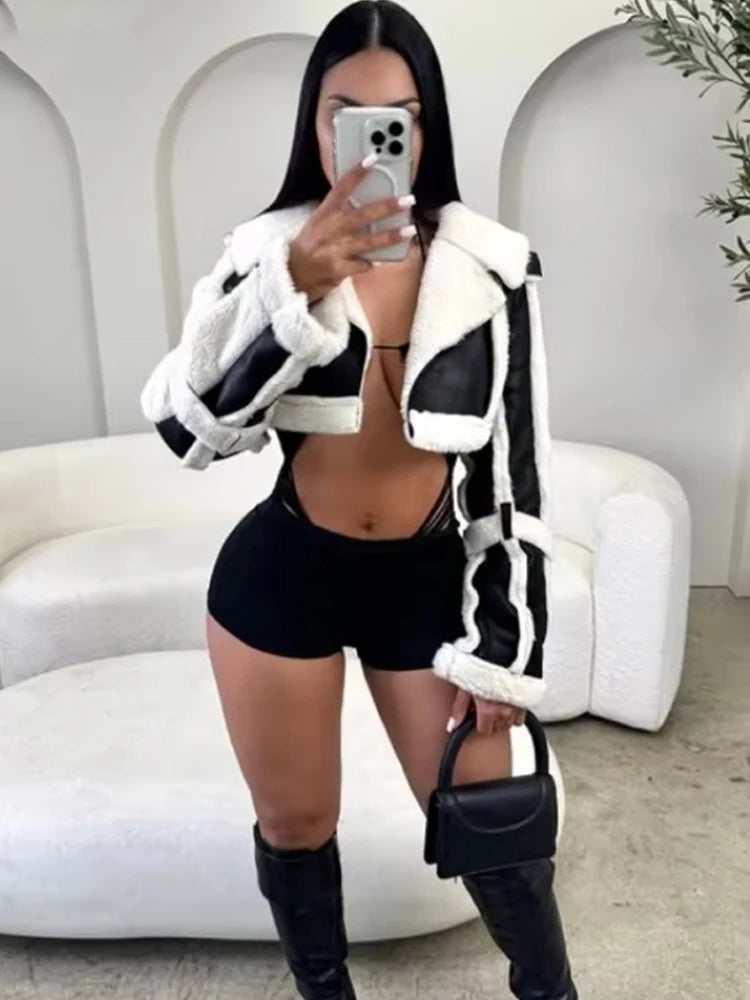 Furry Patchwork Women Crop Jacket