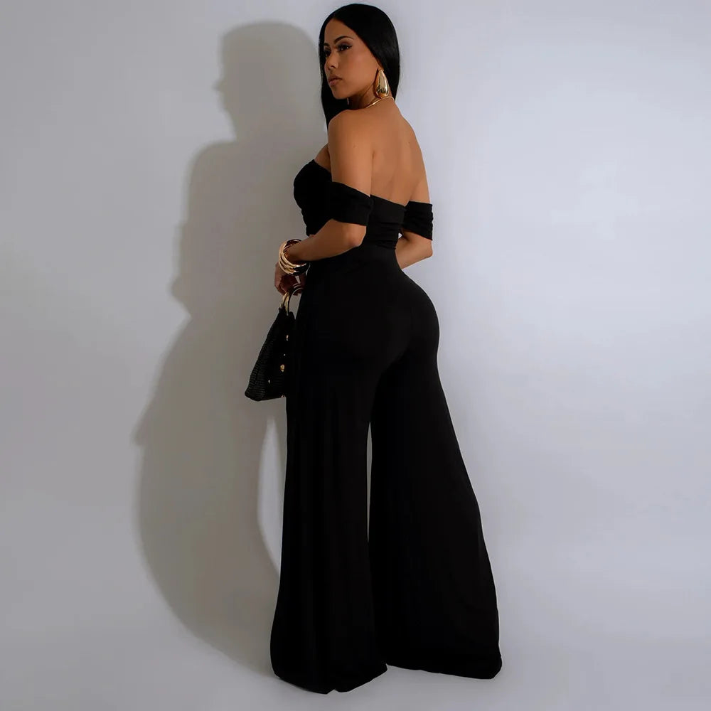 Women's Set Short Sleeve Slash Neck with Wide Leg split Pants