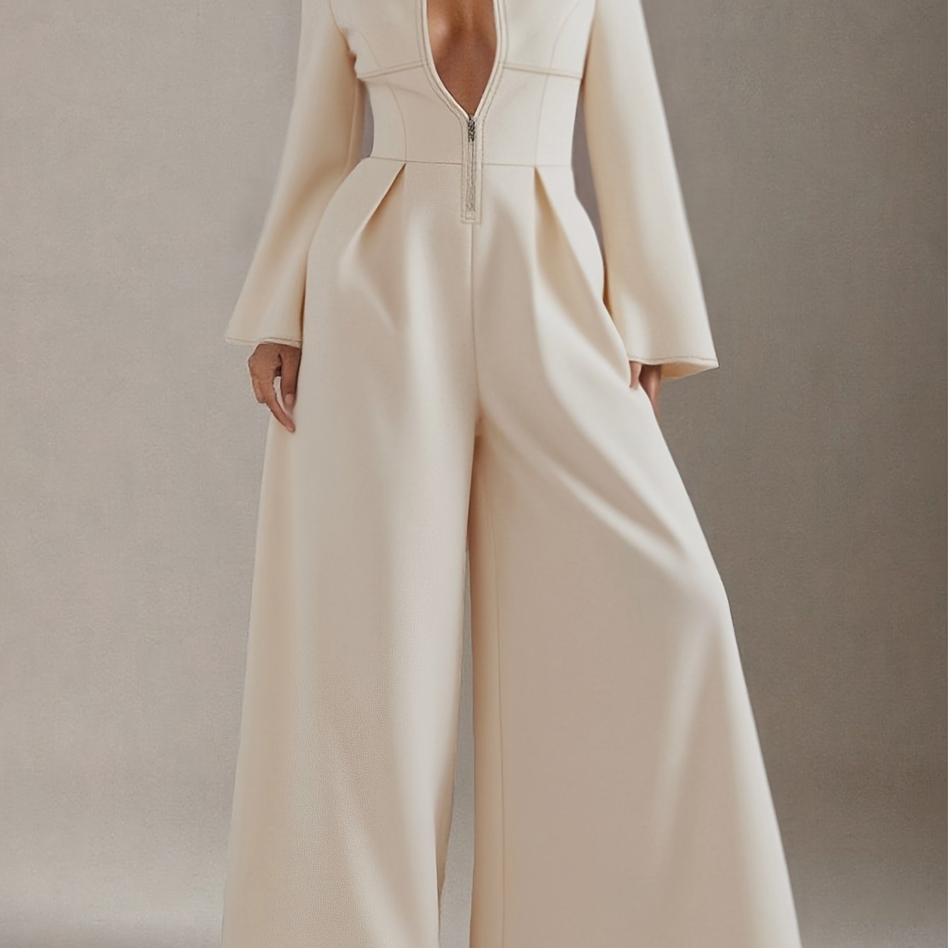 Women's Elegant Slim-Fit Jumpsuit - V-Neck Long Sleeve Wide-Leg Pantsuit