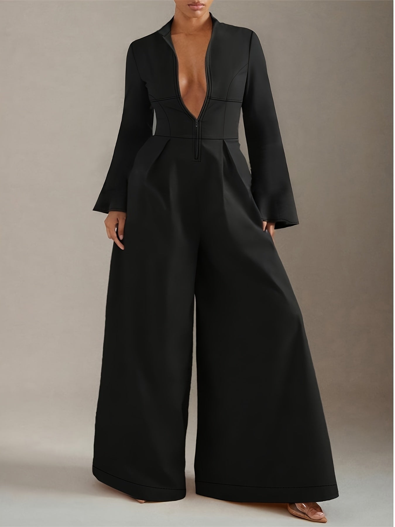 Women's Elegant Slim-Fit Jumpsuit - V-Neck Long Sleeve Wide-Leg Pantsuit