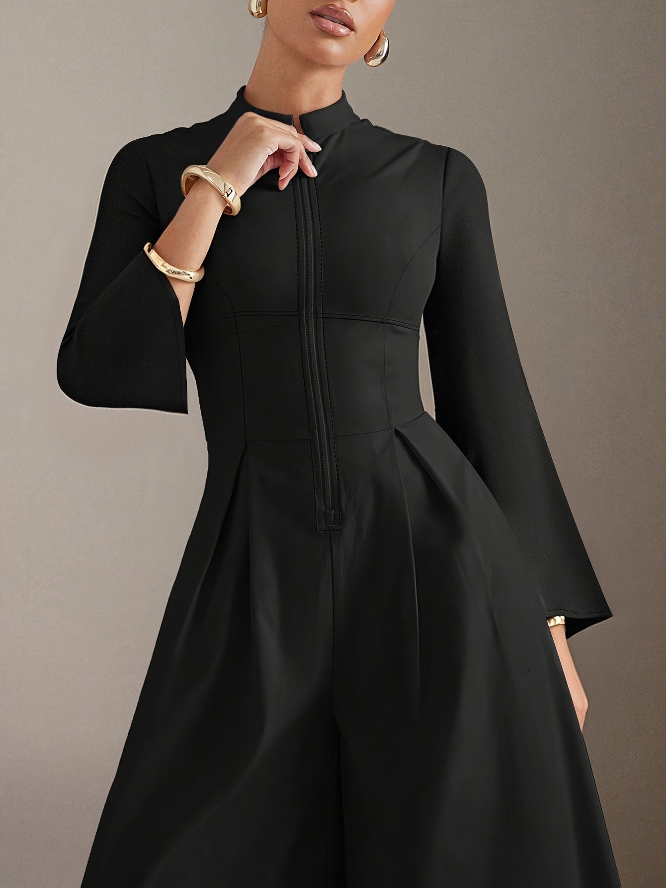Women's Elegant Slim-Fit Jumpsuit - V-Neck Long Sleeve Wide-Leg Pantsuit