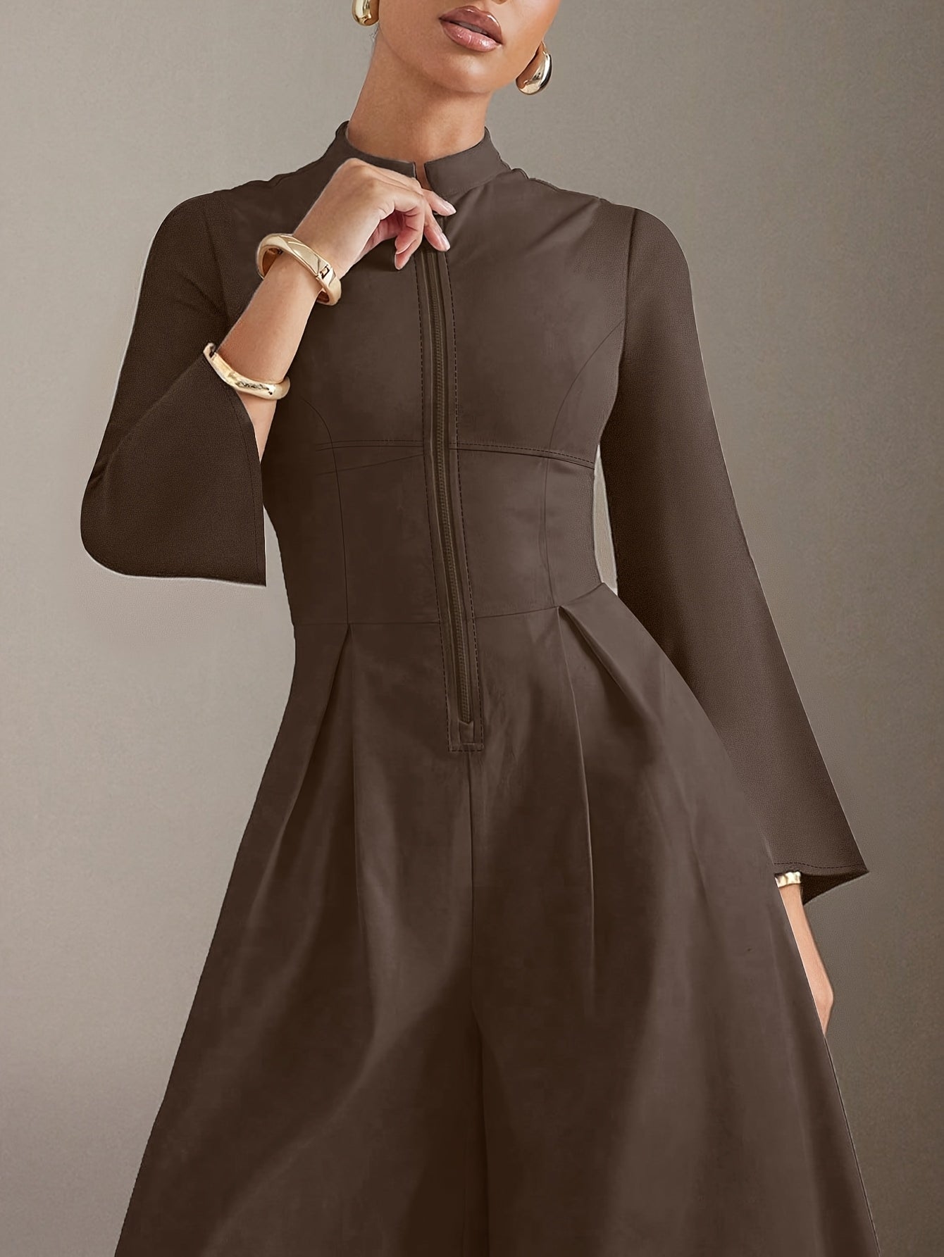 Women's Elegant Slim-Fit Jumpsuit - V-Neck Long Sleeve Wide-Leg Pantsuit