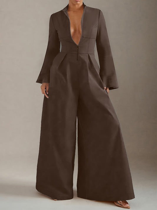 Women's Elegant Slim-Fit Jumpsuit - V-Neck Long Sleeve Wide-Leg Pantsuit